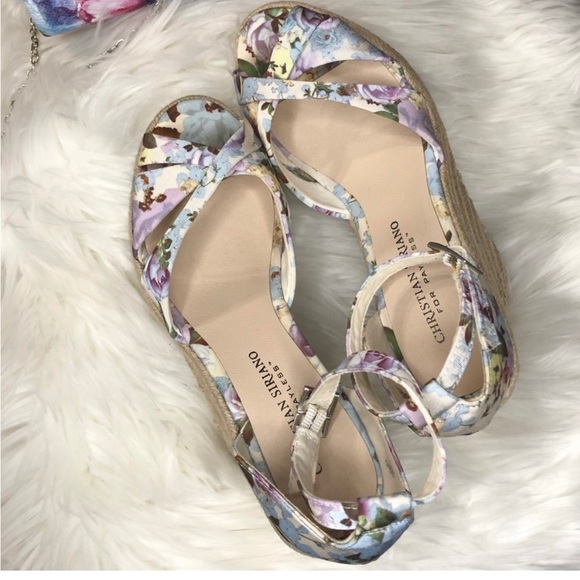 CHRISTIAN SIRIANO BEAUTIFUL FLORAL PURPLE WEDGE SANDALS ANKLE STRAPS SIZE 7.5 - Picture 6 of 10